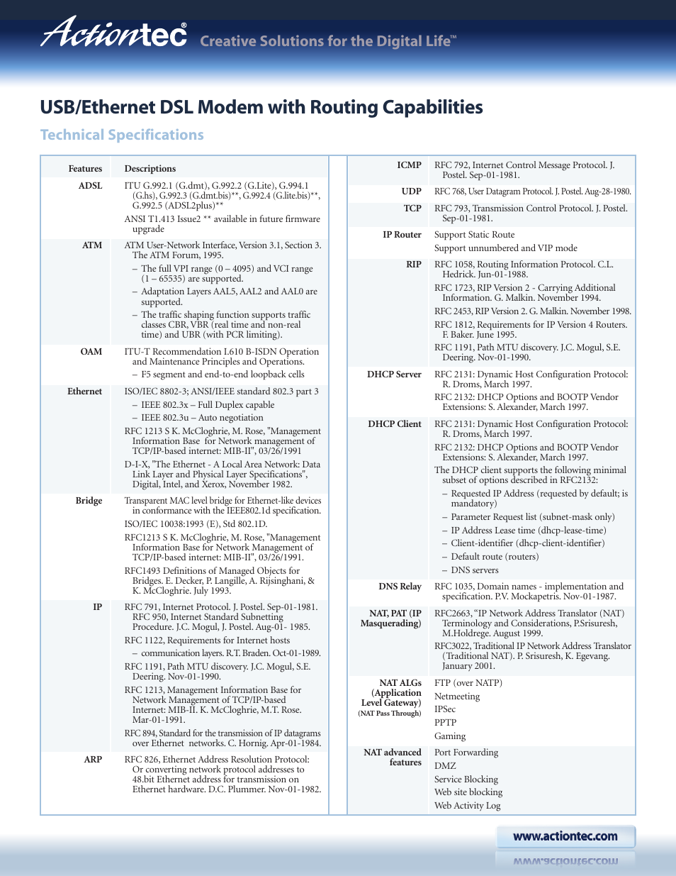 Usb/ethernet dsl modem with routing capabilities, Creative solutions for the digital life, Technical specifications | Actiontec electronic Actiontec USB/Ethernet DSL Modem with Routing Capabilities GT701C User Manual | Page 2 / 4