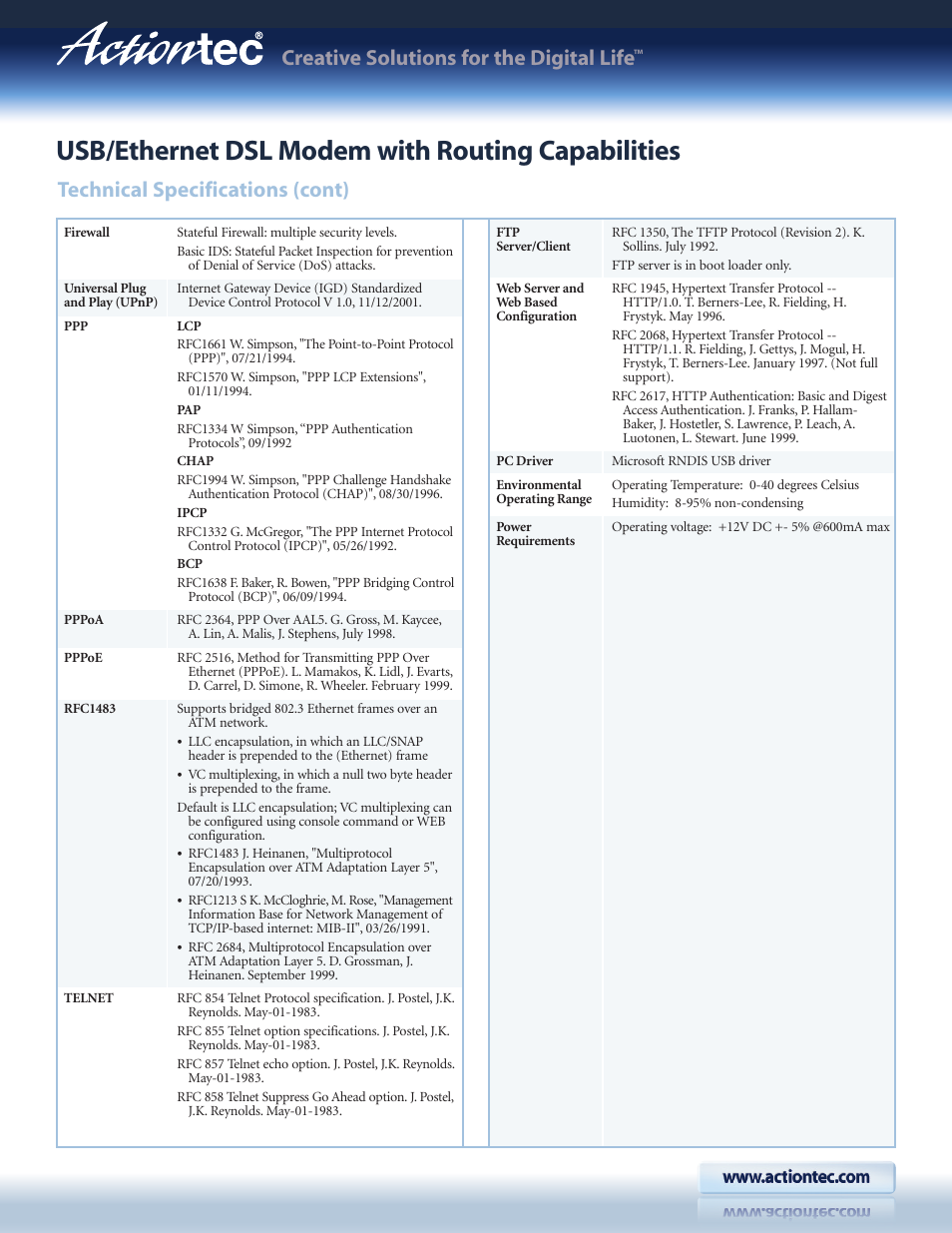 Usb/ethernet dsl modem with routing capabilities, Creative solutions for the digital life, Technical specifications (cont) | Actiontec electronic Actiontec USB/Ethernet DSL Modem with Routing Capabilities GT701C User Manual | Page 3 / 4