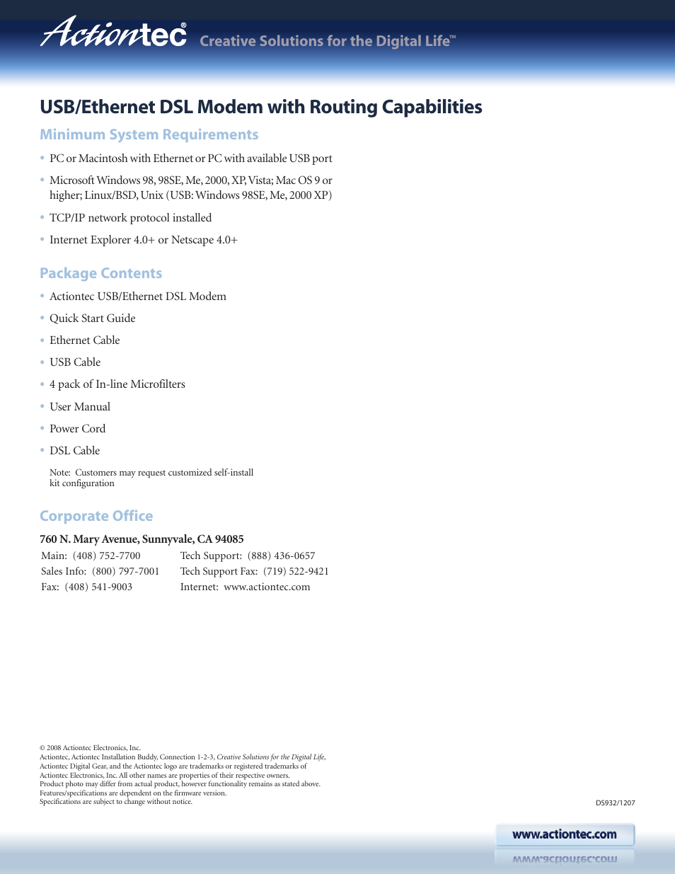 Usb/ethernet dsl modem with routing capabilities | Actiontec electronic Actiontec USB/Ethernet DSL Modem with Routing Capabilities GT701C User Manual | Page 4 / 4