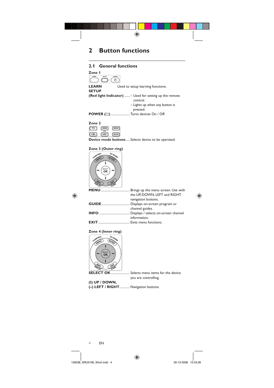 2 button functions, 1 general functions | Philips SRU5106-27 User Manual | Page 4 / 40