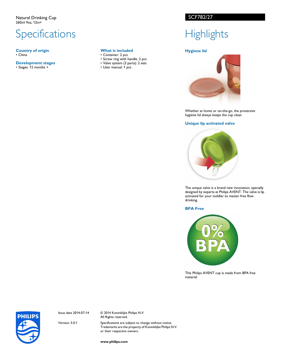 Specifications, Highlights | Philips SCF782-27 User Manual | Page 2 / 2