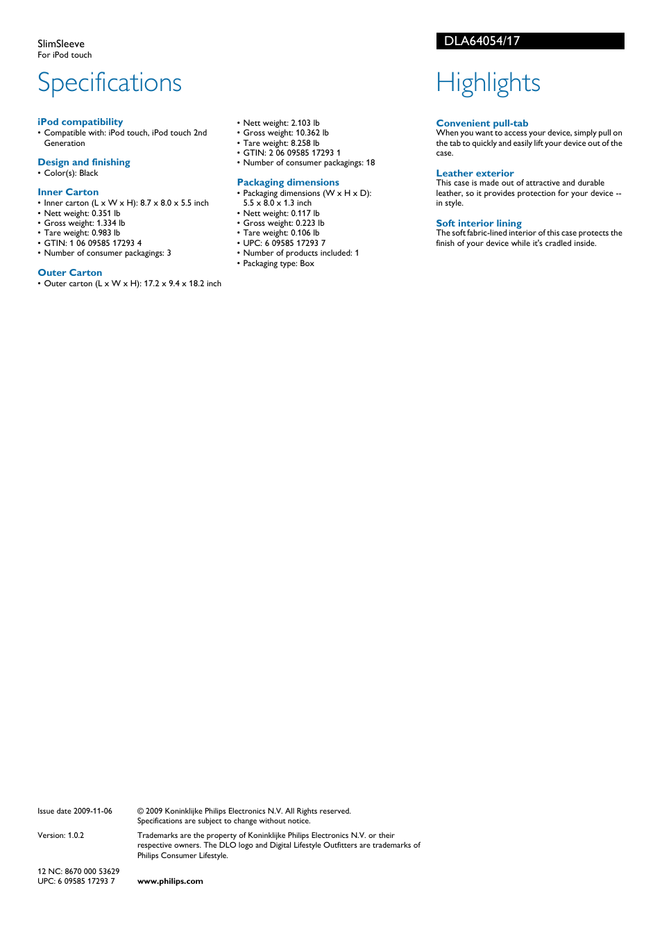 Specifications, Highlights | Philips DLA64054-17 User Manual | Page 2 / 2