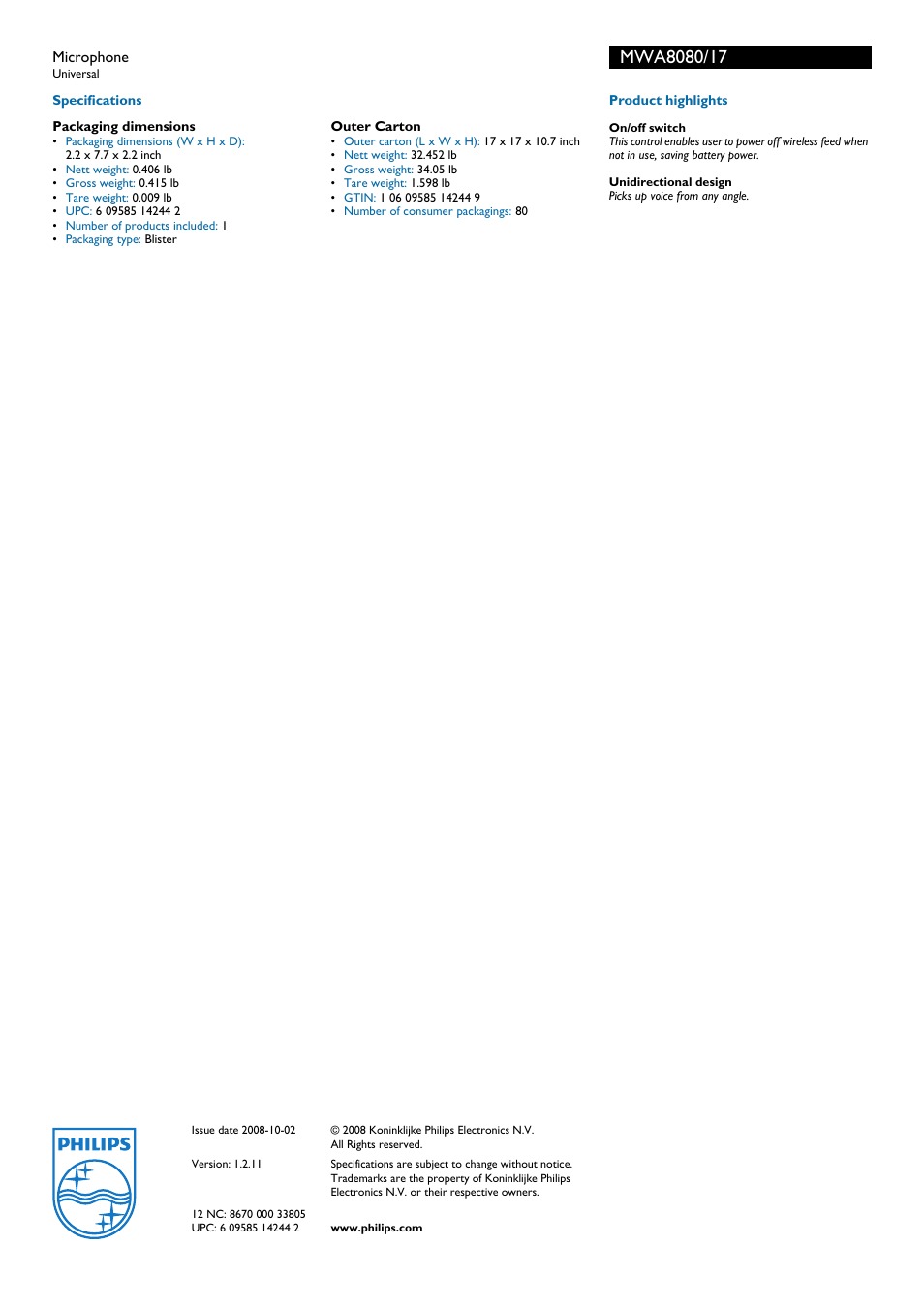 Philips MWA8080-17 User Manual | Page 2 / 2