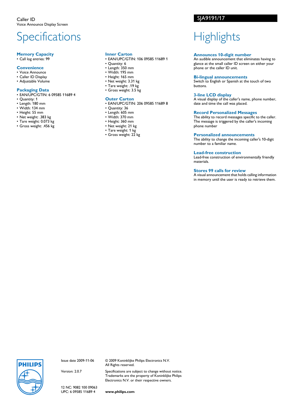 Specifications, Highlights | Philips SJA9191-17 User Manual | Page 2 / 2