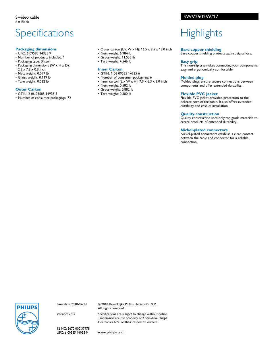 Specifications, Highlights | Philips SWV2502W-17 User Manual | Page 2 / 2