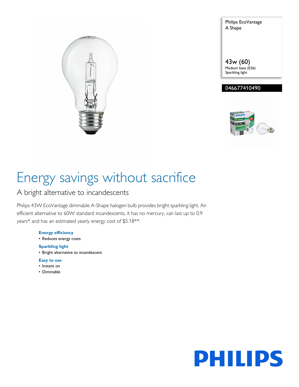 Philips EcoVantage A Shape 046677410490 43w 60 Medium base E26 Sparkling light User Manual | 2 pages