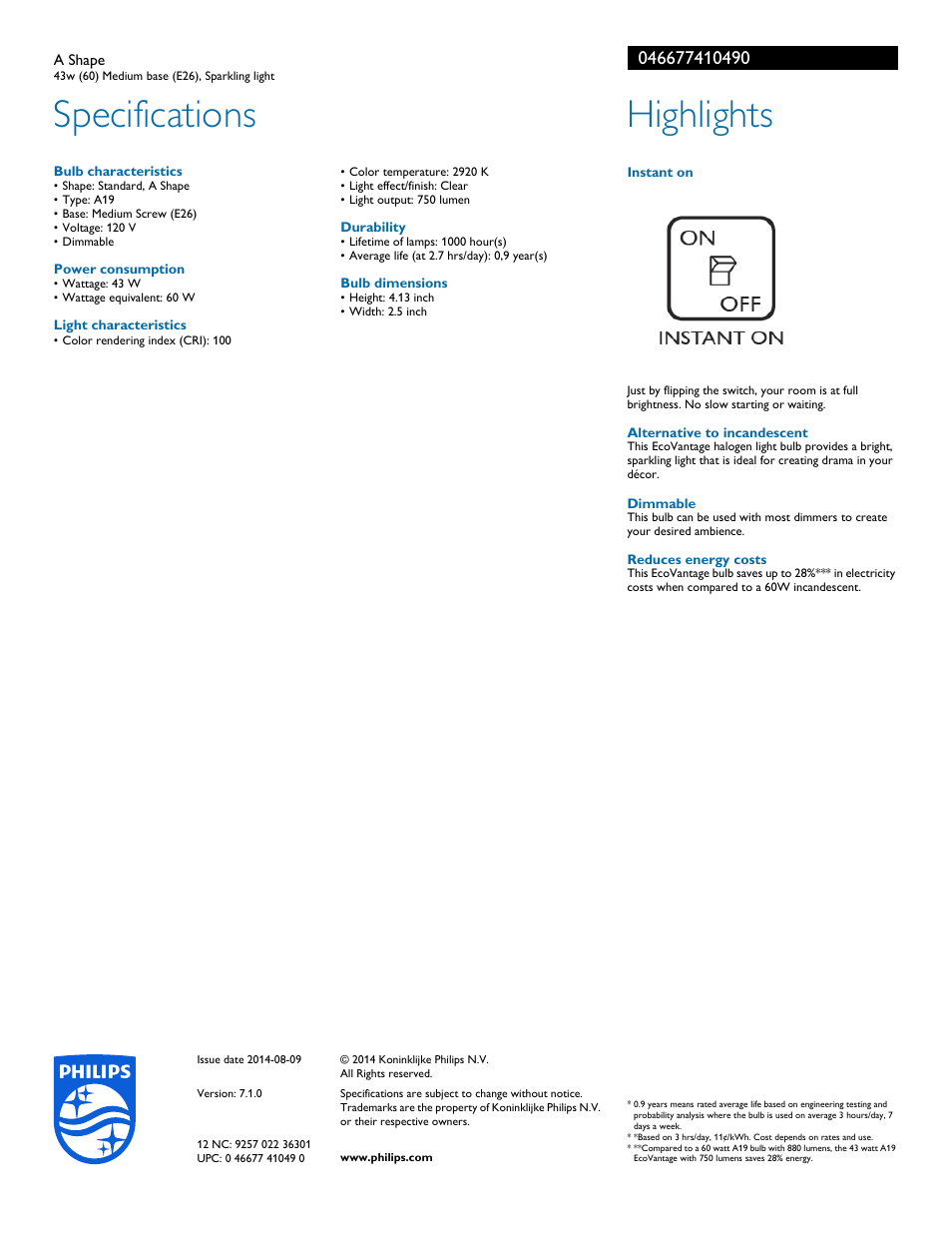 Specifications, Highlights | Philips EcoVantage A Shape 046677410490 43w 60 Medium base E26 Sparkling light User Manual | Page 2 / 2