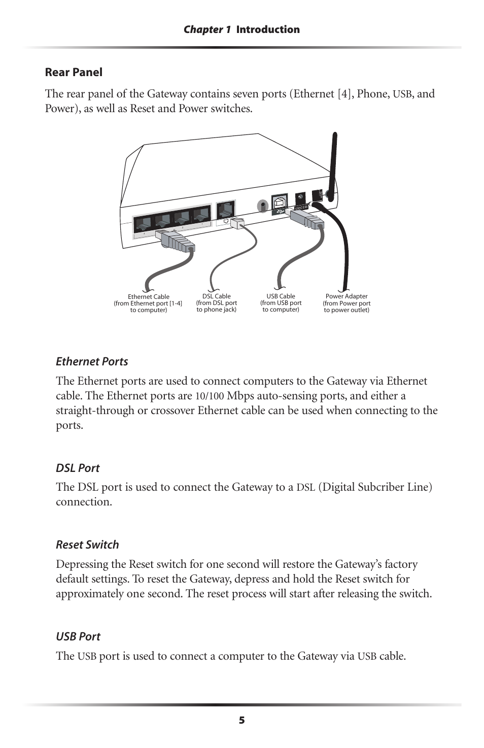 And power), as well as reset and power switches, Cable | Actiontec electronic Actiontec Wireless DSL Gateway GT704WG User Manual | Page 10 / 123