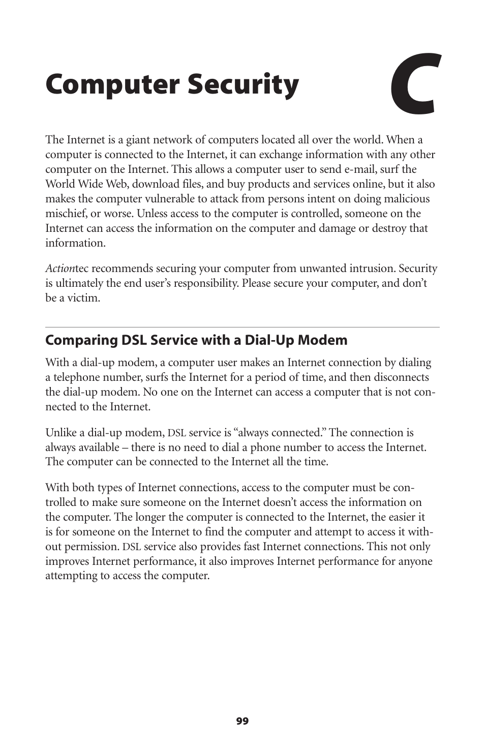 Computer security, Comparing dsl service with a dial-up modem | Actiontec electronic Actiontec Wireless DSL Gateway GT704WG User Manual | Page 104 / 123
