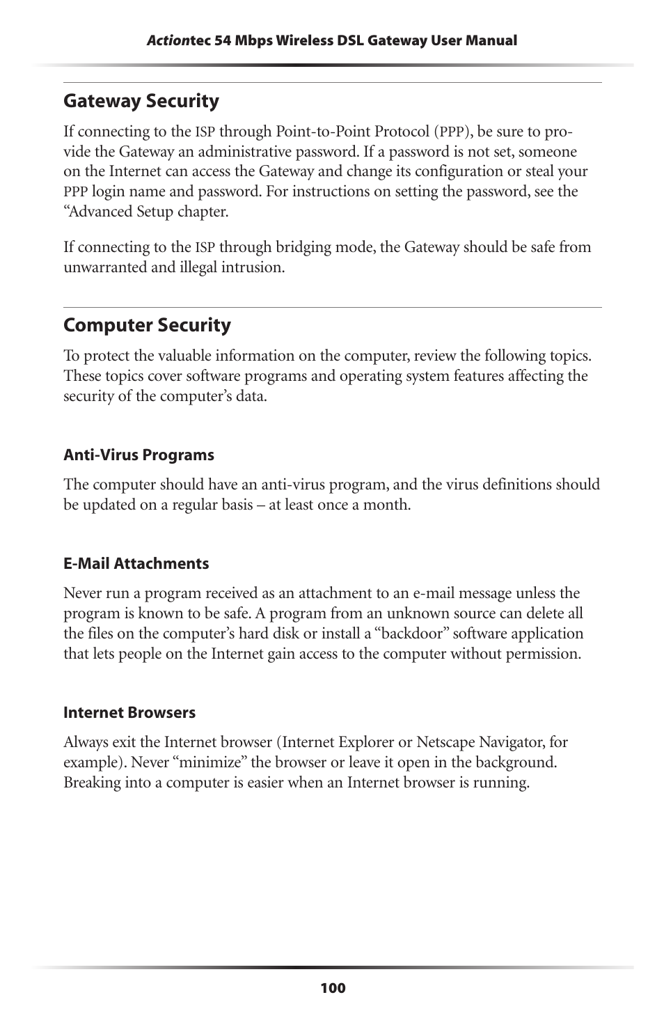 Gateway security, Computer security, 100 computer security | Actiontec electronic Actiontec Wireless DSL Gateway GT704WG User Manual | Page 105 / 123