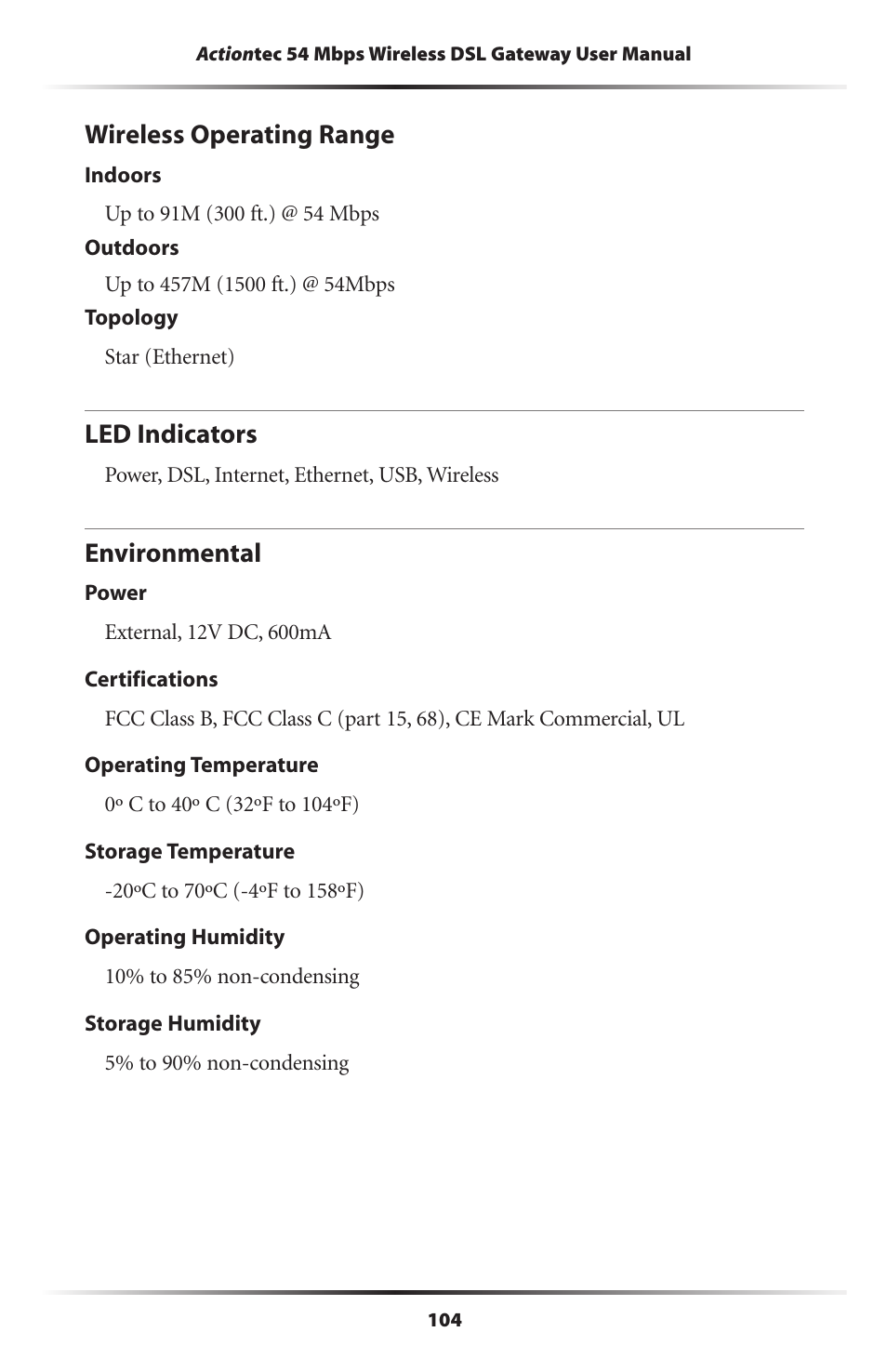 Wireless operating range, Led indicators, Environmental | 104 led indicators, 104 environmental | Actiontec electronic Actiontec Wireless DSL Gateway GT704WG User Manual | Page 109 / 123