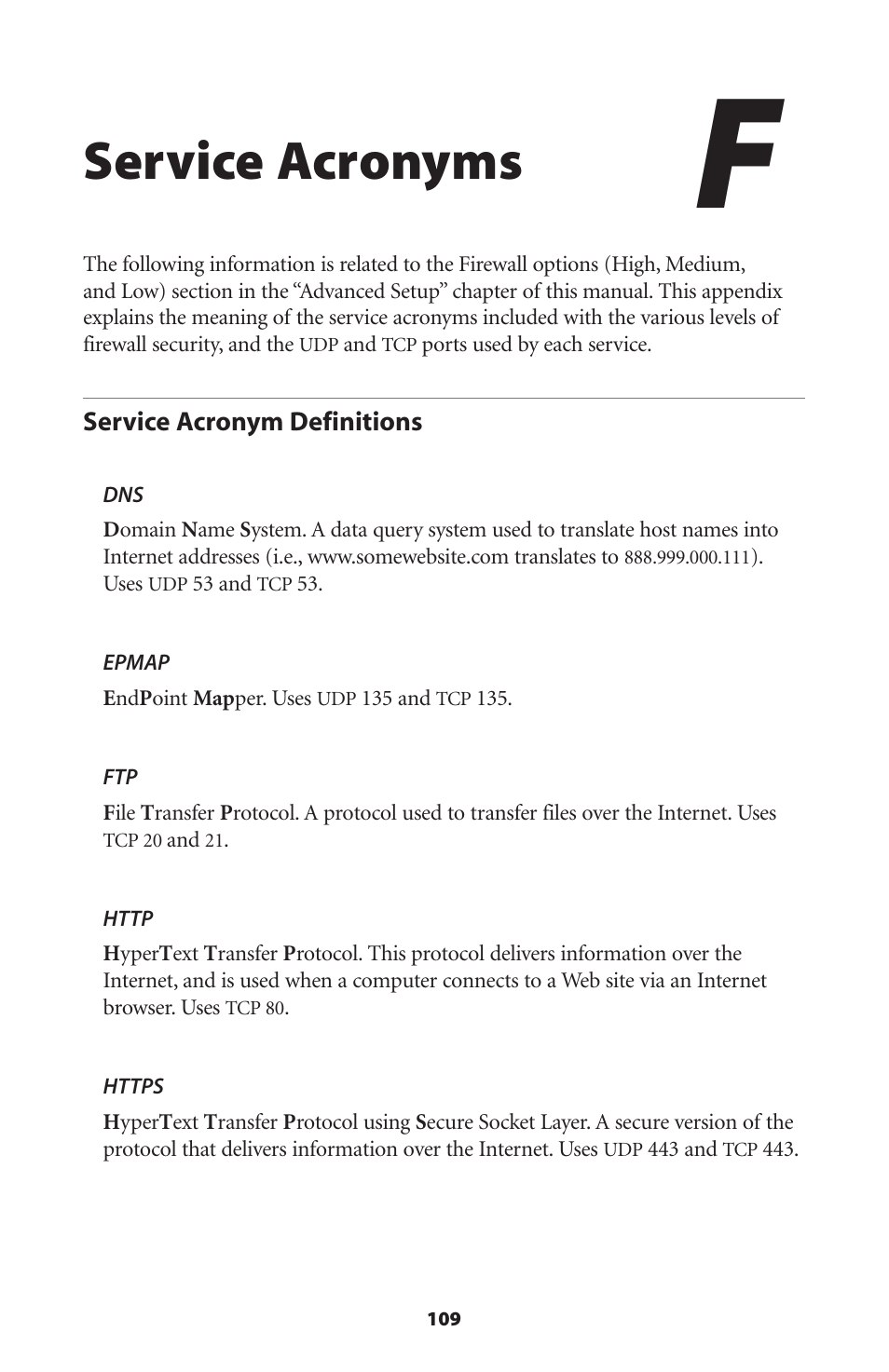 Service acronyms, Service acronym definitions | Actiontec electronic Actiontec Wireless DSL Gateway GT704WG User Manual | Page 114 / 123
