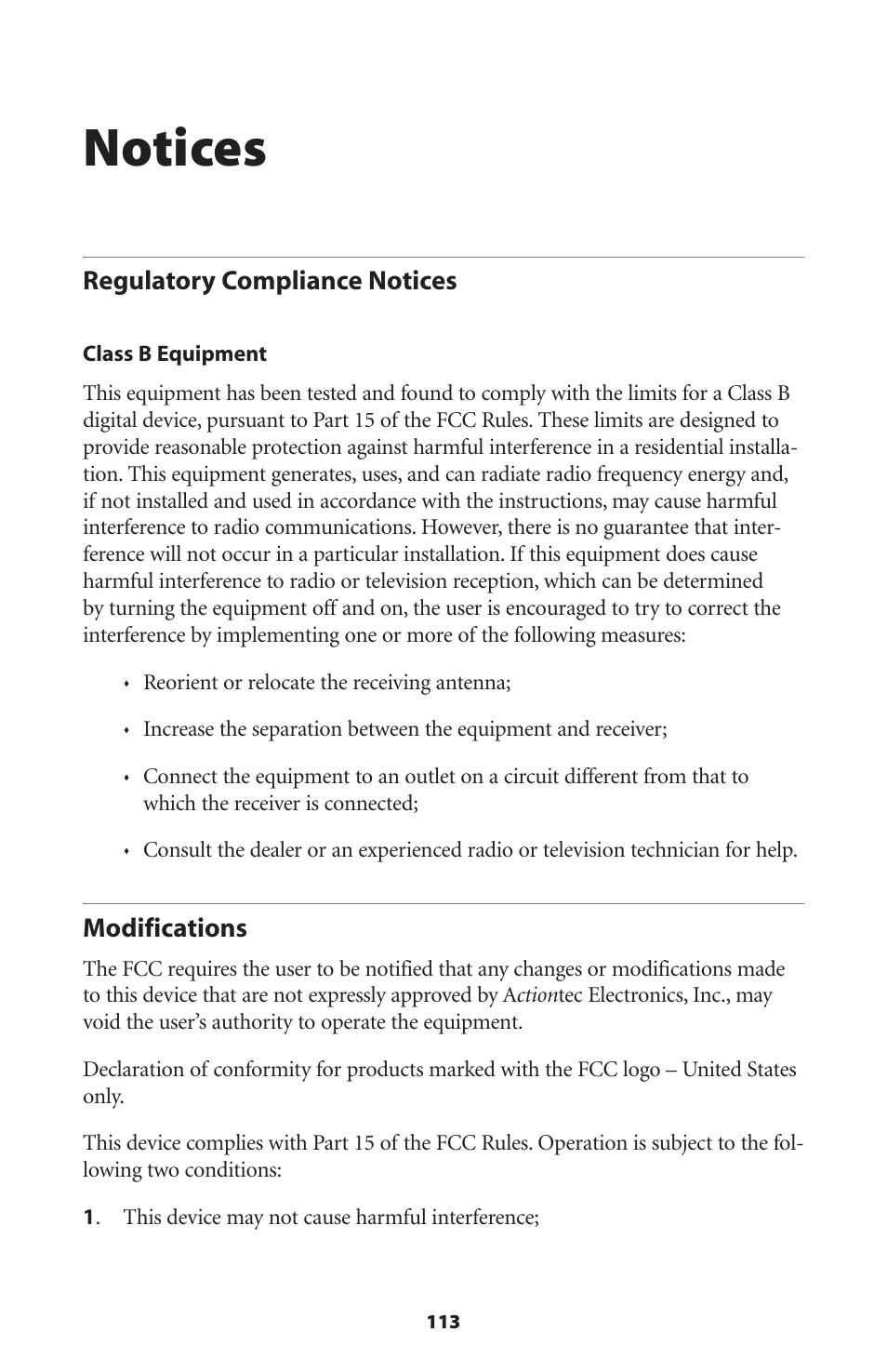 Notices, Regulatory compliance notices, Modifications | 113 modifications | Actiontec electronic Actiontec Wireless DSL Gateway GT704WG User Manual | Page 118 / 123
