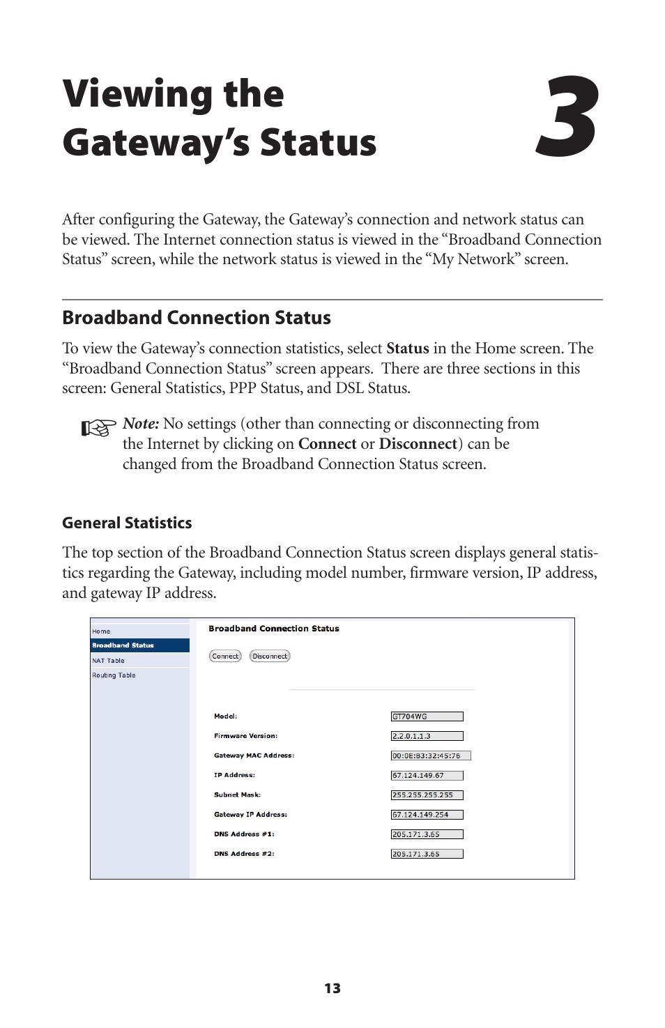 Viewing the gateway’s status, Broadband connection status | Actiontec electronic Actiontec Wireless DSL Gateway GT704WG User Manual | Page 18 / 123