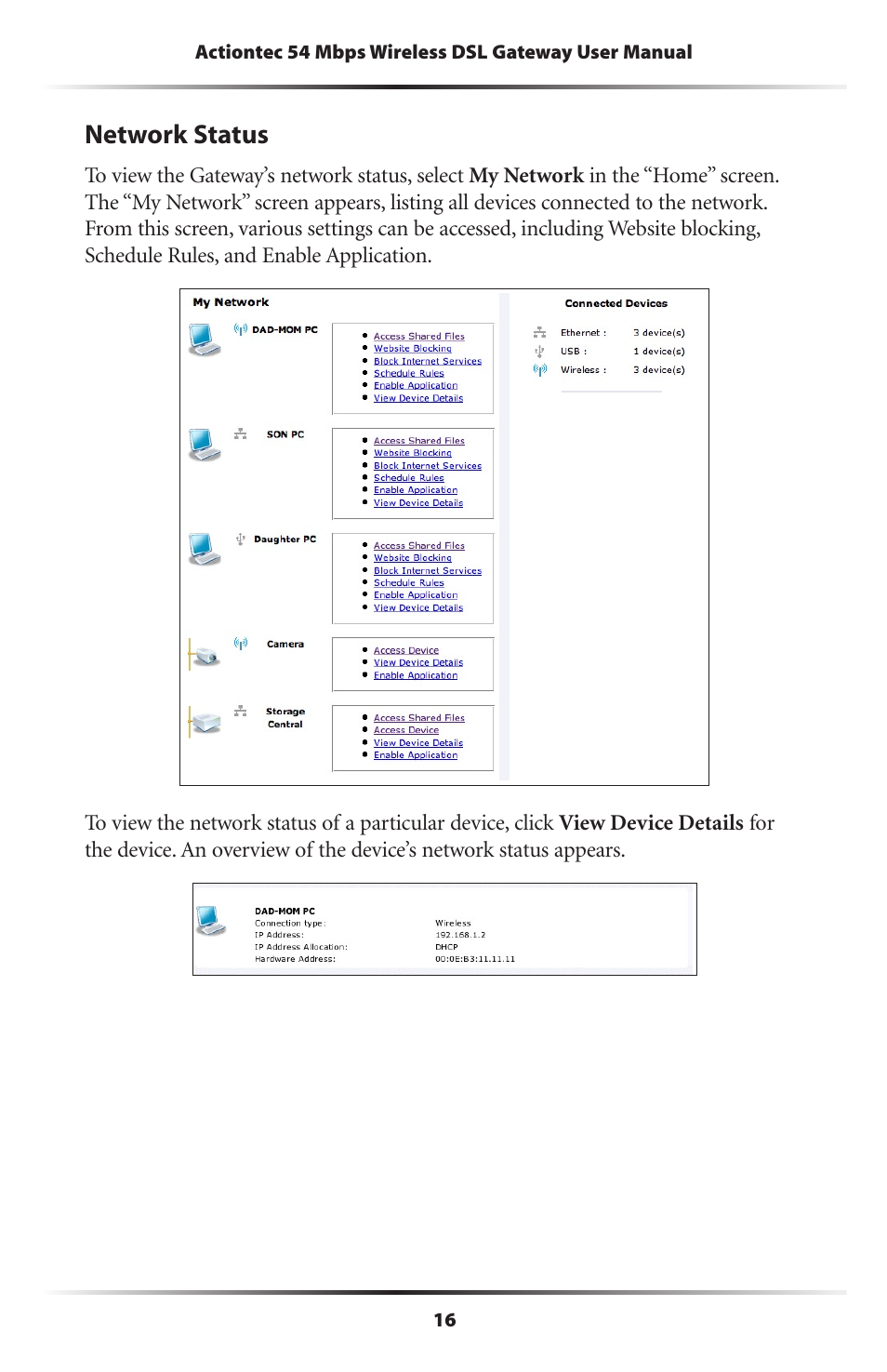 Network status | Actiontec electronic Actiontec Wireless DSL Gateway GT704WG User Manual | Page 21 / 123