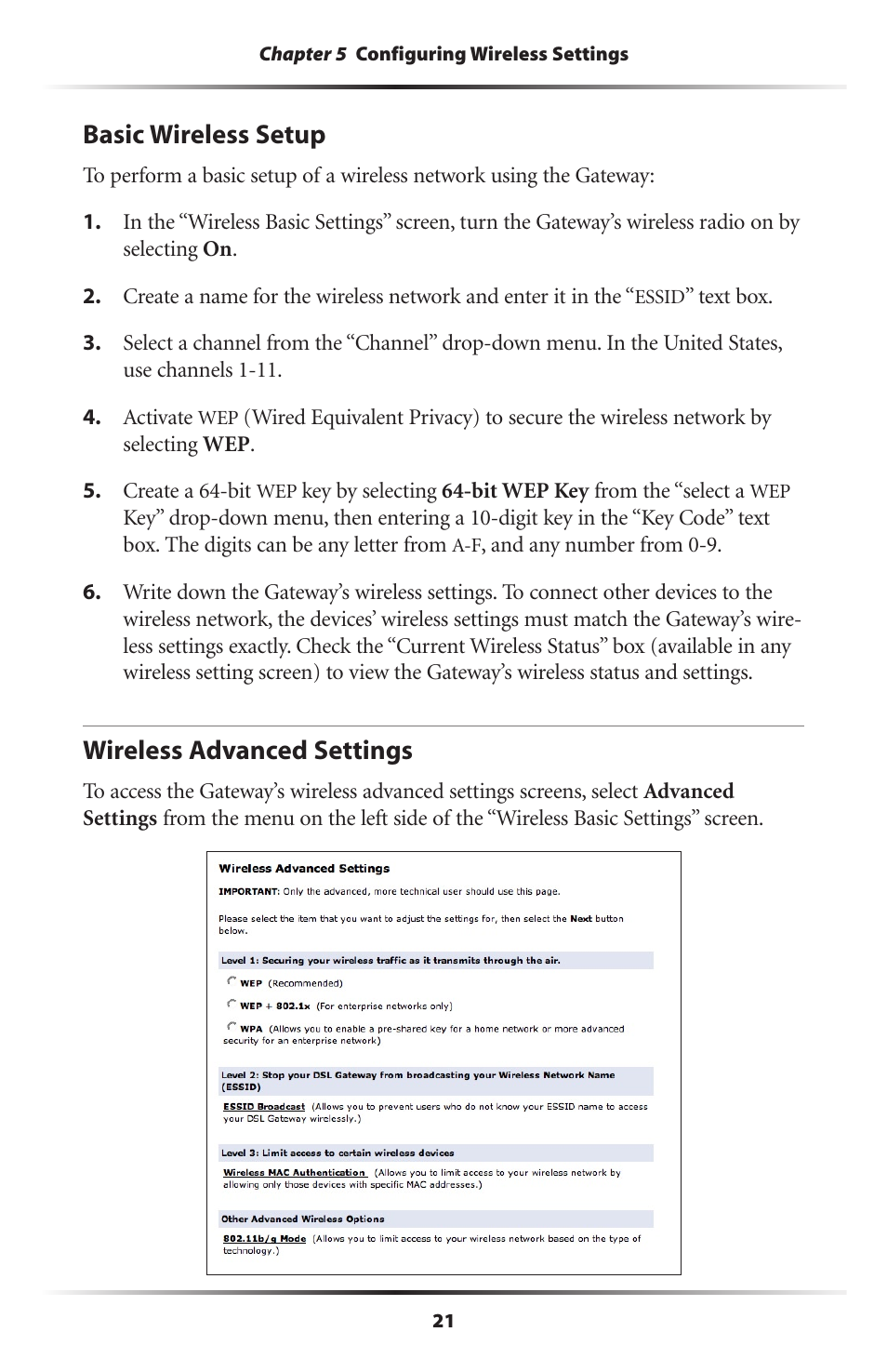 Basic wireless setup, Wireless advanced settings, 21 wireless advanced settings | Actiontec electronic Actiontec Wireless DSL Gateway GT704WG User Manual | Page 26 / 123