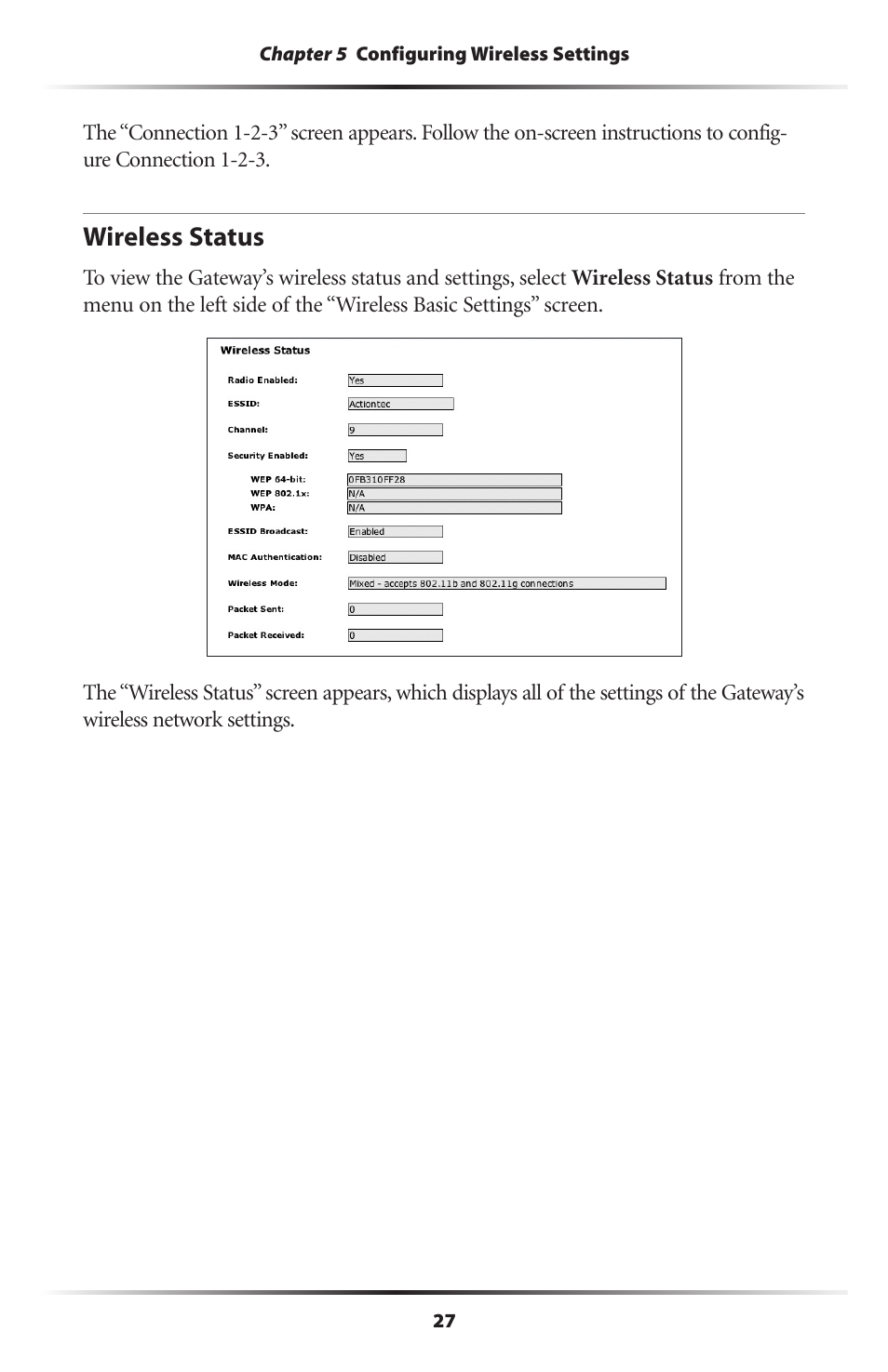 Wireless status | Actiontec electronic Actiontec Wireless DSL Gateway GT704WG User Manual | Page 32 / 123