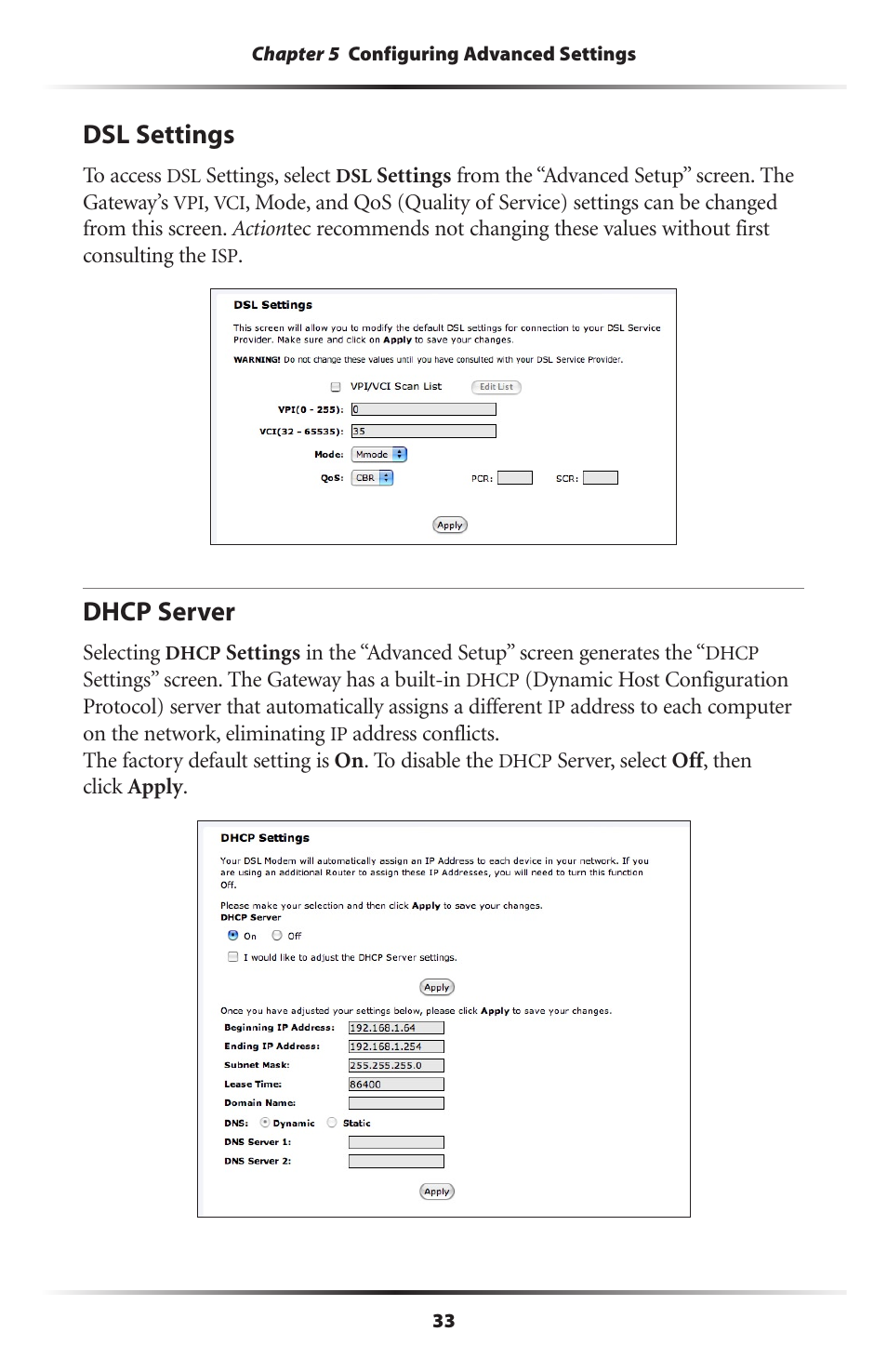 Dsl settings, Dhcp server, 33 dhcp server | Actiontec electronic Actiontec Wireless DSL Gateway GT704WG User Manual | Page 38 / 123