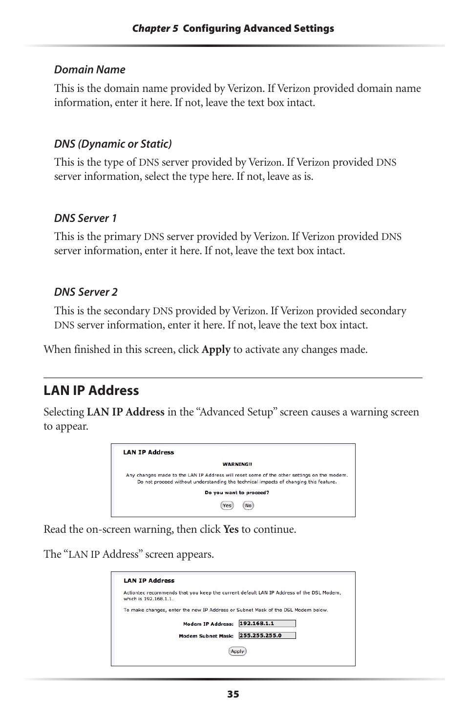 Lan ip address | Actiontec electronic Actiontec Wireless DSL Gateway GT704WG User Manual | Page 40 / 123