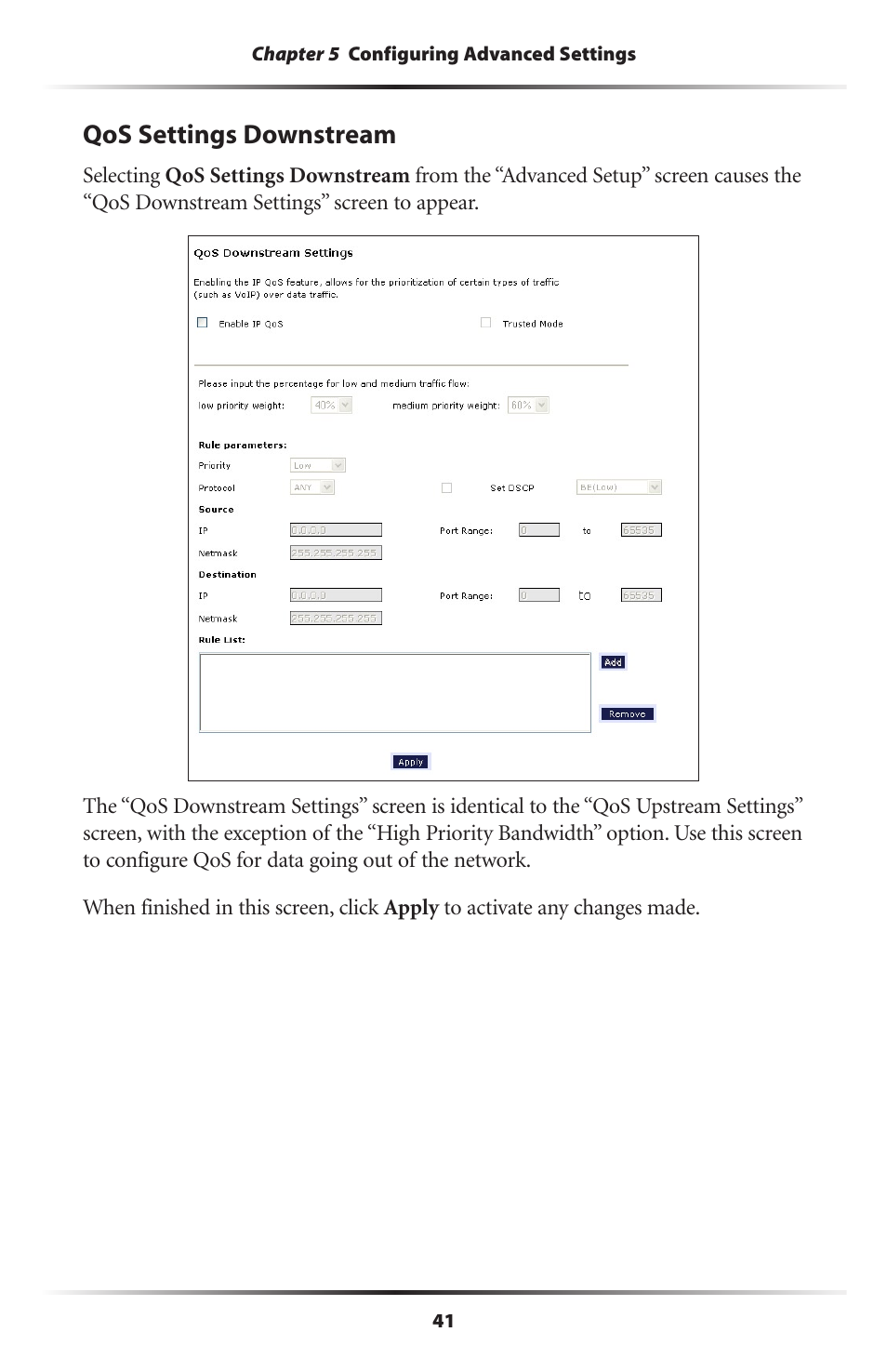 Qos settings downstream | Actiontec electronic Actiontec Wireless DSL Gateway GT704WG User Manual | Page 46 / 123