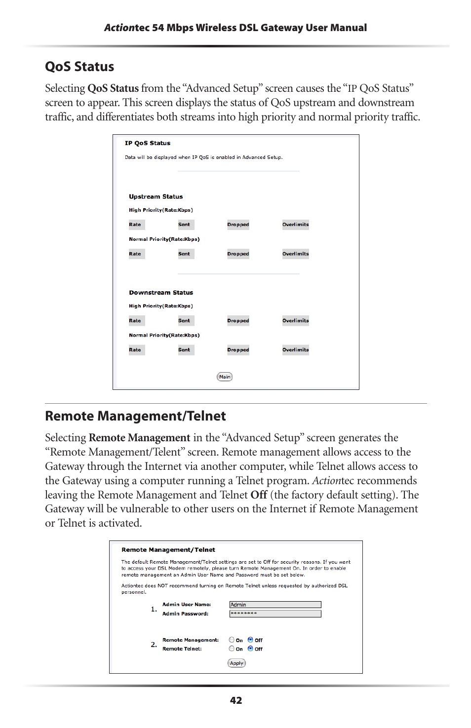 Qos status, Remote management/telnet, 42 remote management/telnet | Actiontec electronic Actiontec Wireless DSL Gateway GT704WG User Manual | Page 47 / 123