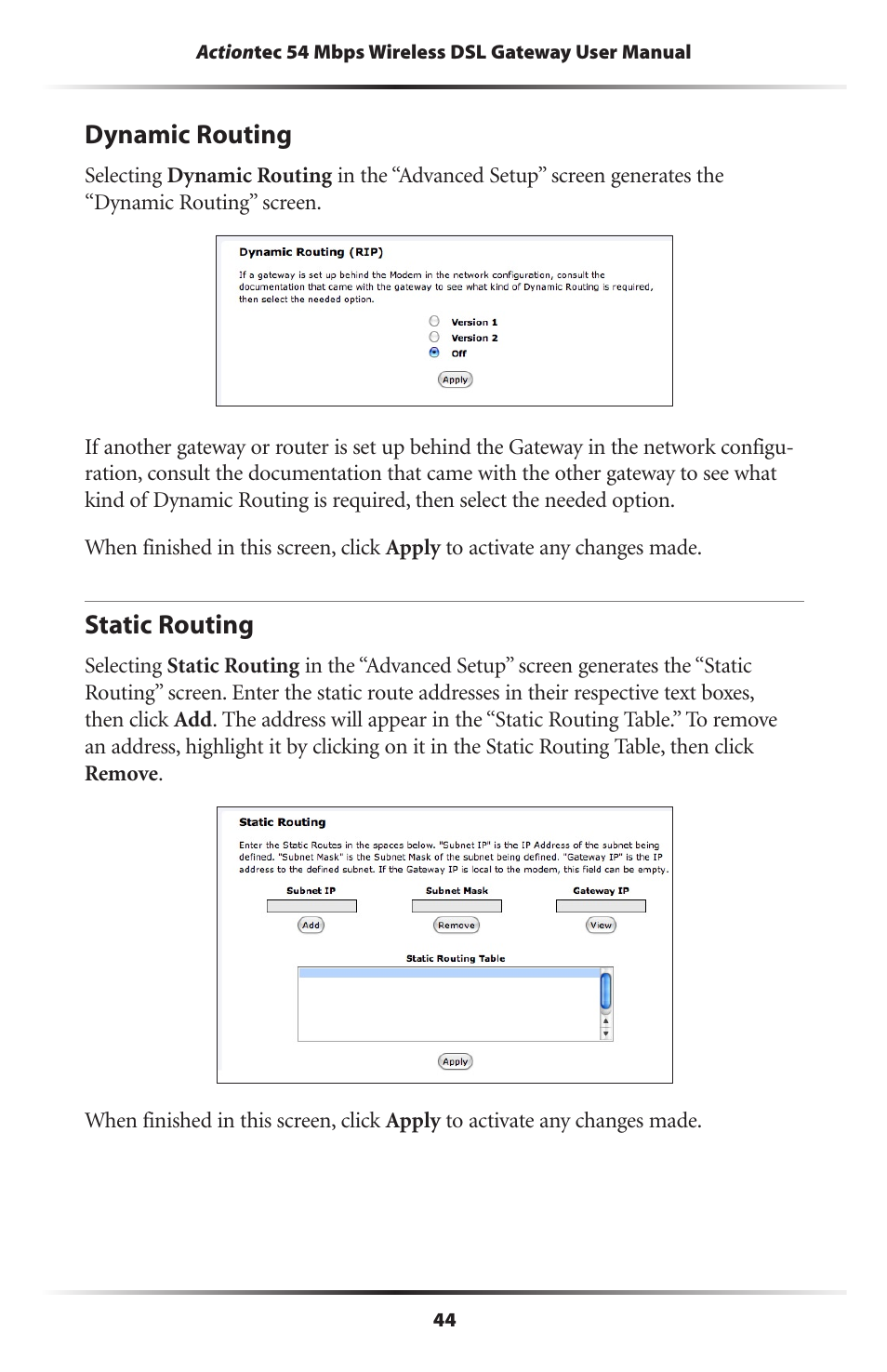 Dynamic routing, Static routing, 44 static routing | Actiontec electronic Actiontec Wireless DSL Gateway GT704WG User Manual | Page 49 / 123