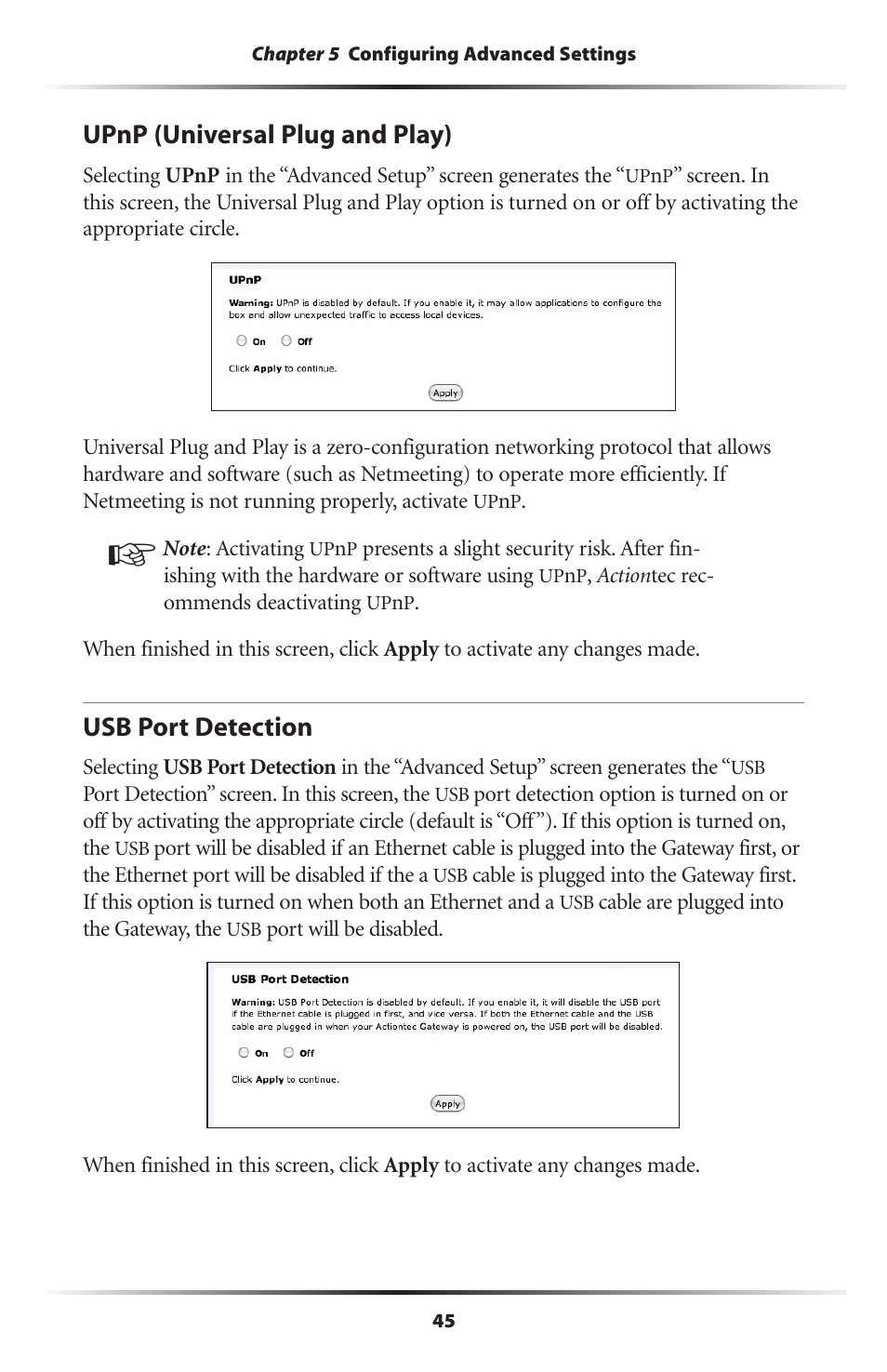 Upnp (universal plug and play), Usb port detection, 45 usb port detection | Actiontec electronic Actiontec Wireless DSL Gateway GT704WG User Manual | Page 50 / 123