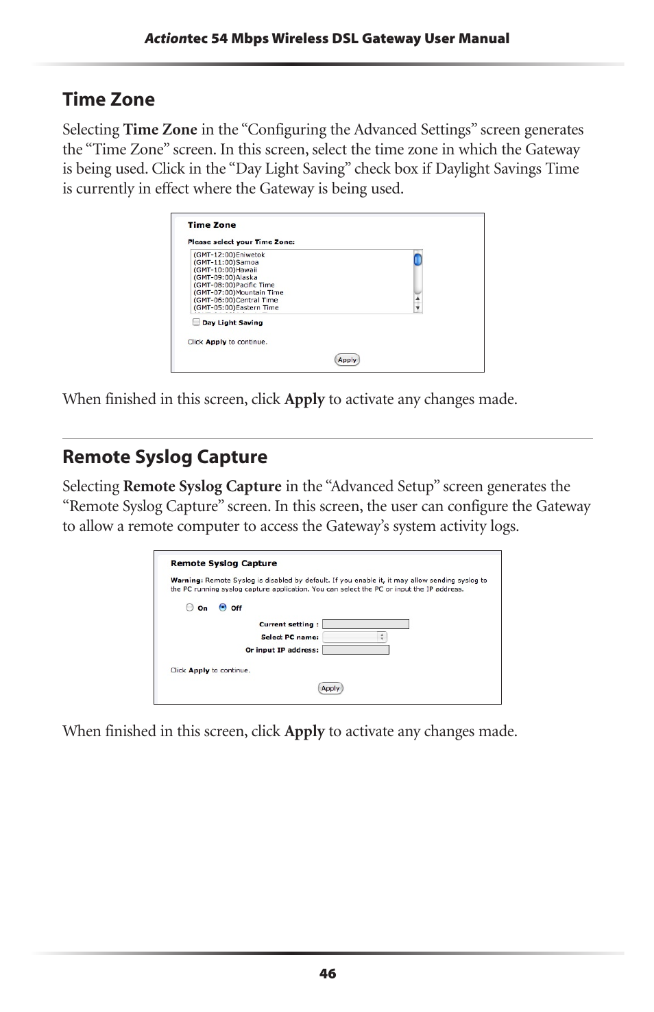 Time zone, Remote syslog capture, 46 remote syslog capture | Actiontec electronic Actiontec Wireless DSL Gateway GT704WG User Manual | Page 51 / 123