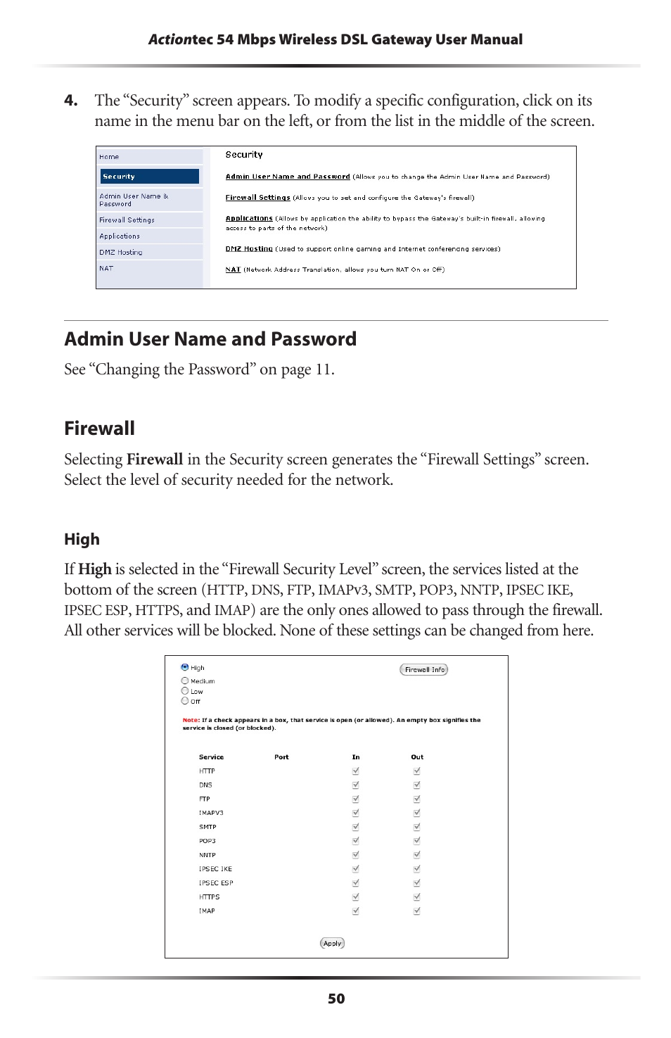 Admin user name and password, Firewall, 50 firewall | Actiontec electronic Actiontec Wireless DSL Gateway GT704WG User Manual | Page 55 / 123