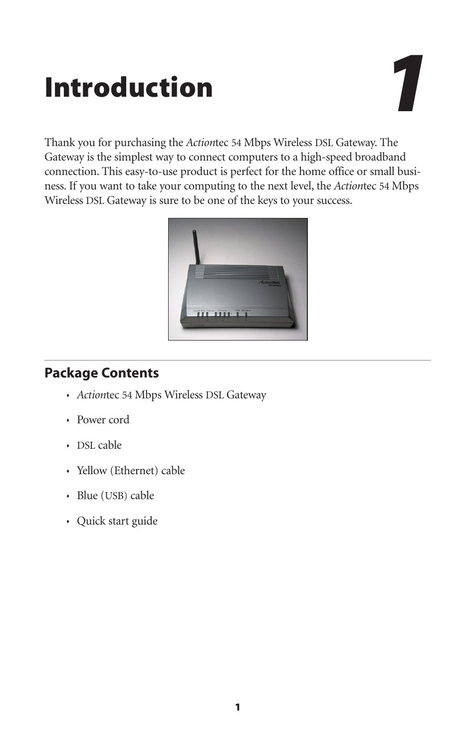 Introduction, Package contents, Package contents 1 | Actiontec electronic Actiontec Wireless DSL Gateway GT704WG User Manual | Page 6 / 123