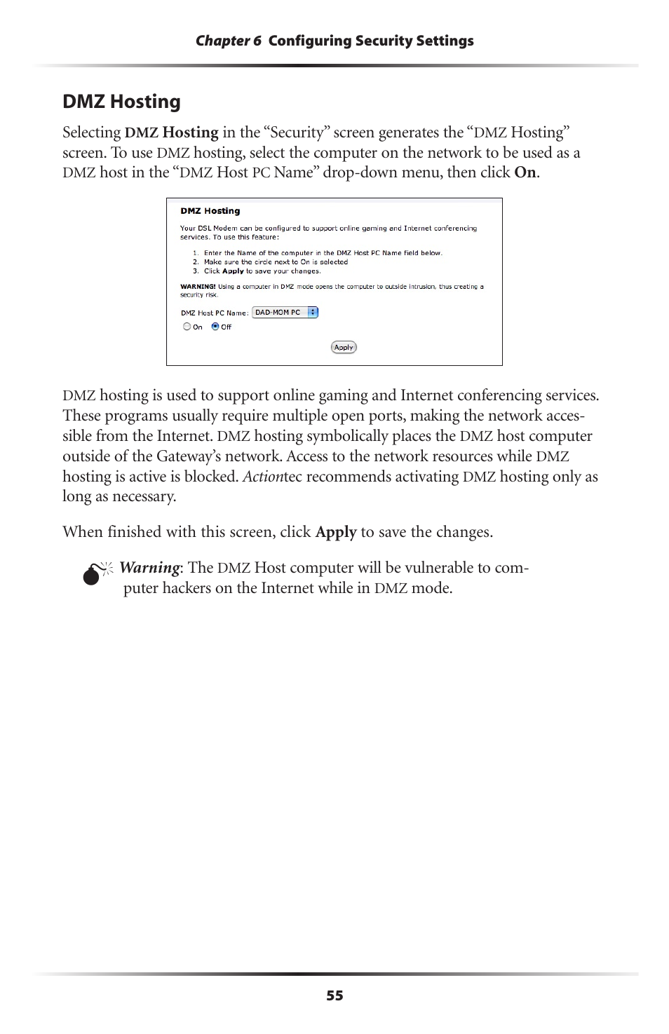 Dmz hosting | Actiontec electronic Actiontec Wireless DSL Gateway GT704WG User Manual | Page 60 / 123