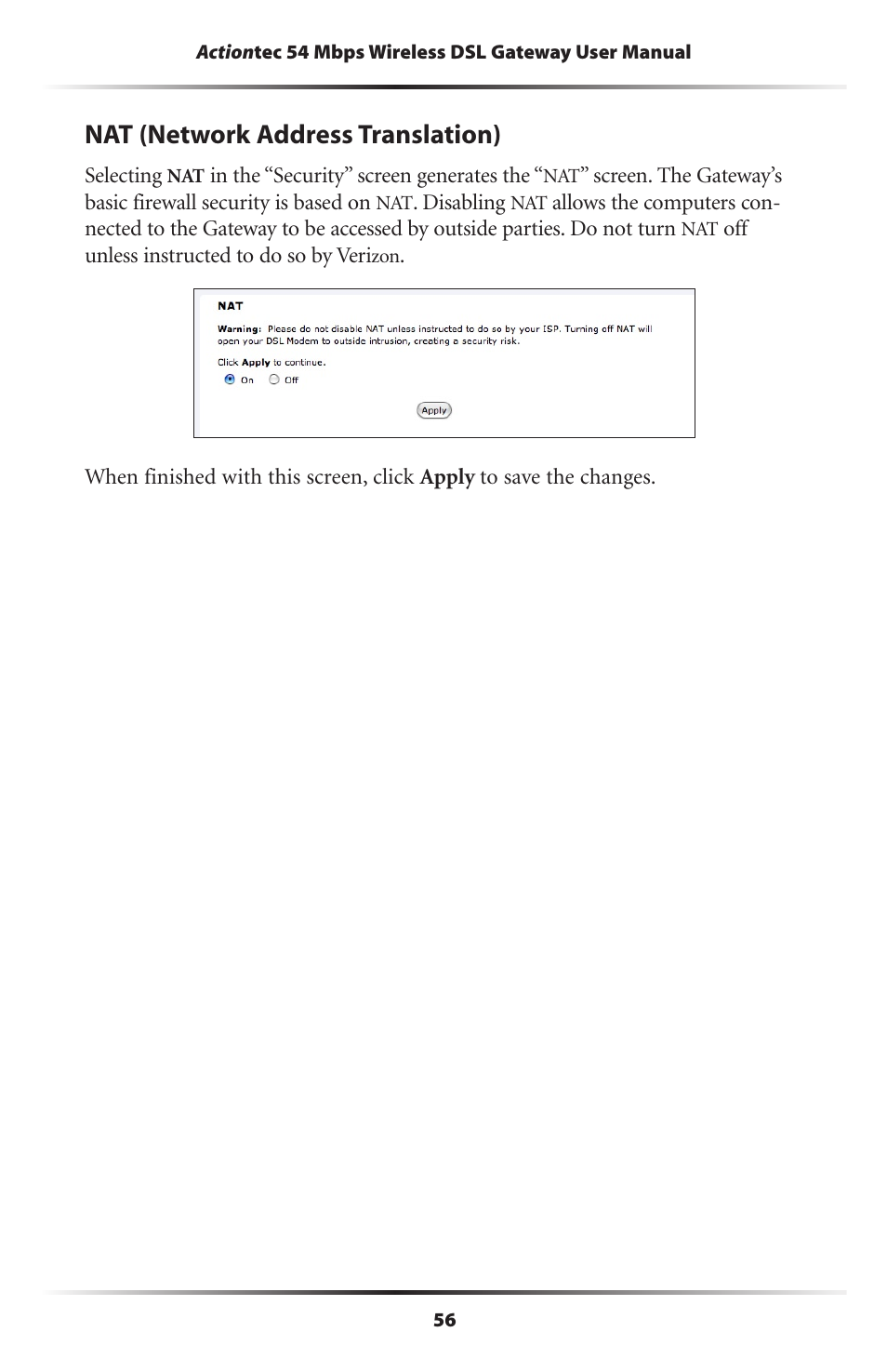 Nat (network address translation) | Actiontec electronic Actiontec Wireless DSL Gateway GT704WG User Manual | Page 61 / 123