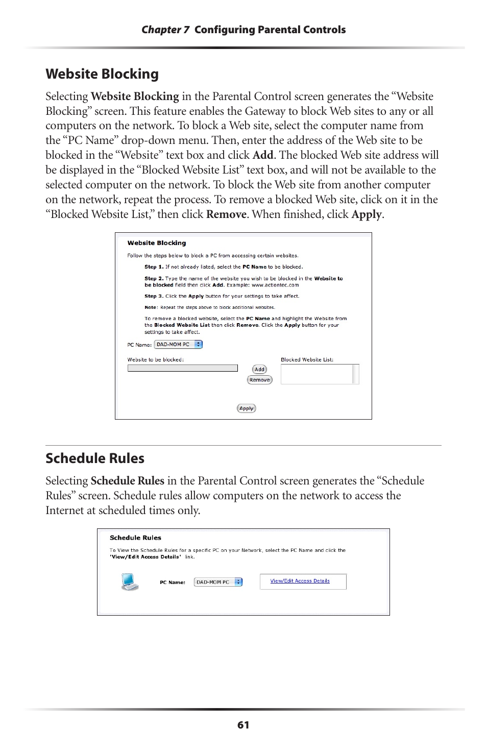 Website blocking, Schedule rules, 61 schedule rules | Actiontec electronic Actiontec Wireless DSL Gateway GT704WG User Manual | Page 66 / 123