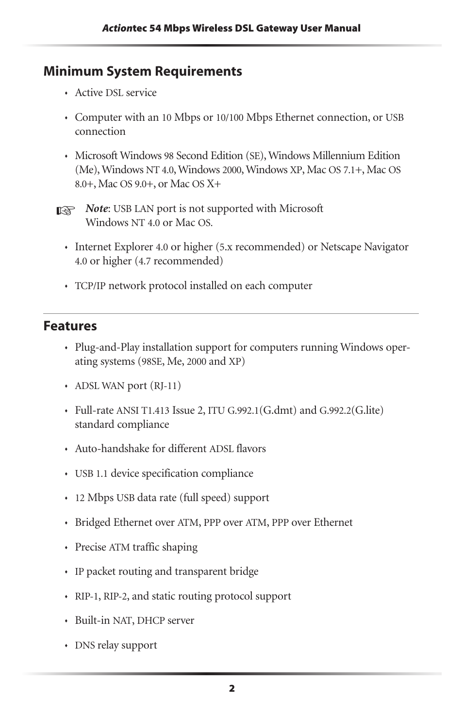 Minimum system requirements, Features, Minimum system requirements 2 features | Actiontec electronic Actiontec Wireless DSL Gateway GT704WG User Manual | Page 7 / 123