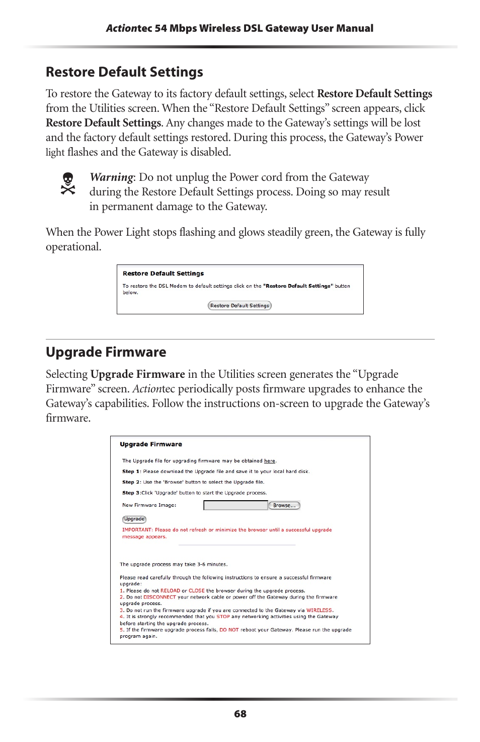 Restore default settings, Upgrade firmware, 68 upgrade firmware | Actiontec electronic Actiontec Wireless DSL Gateway GT704WG User Manual | Page 73 / 123