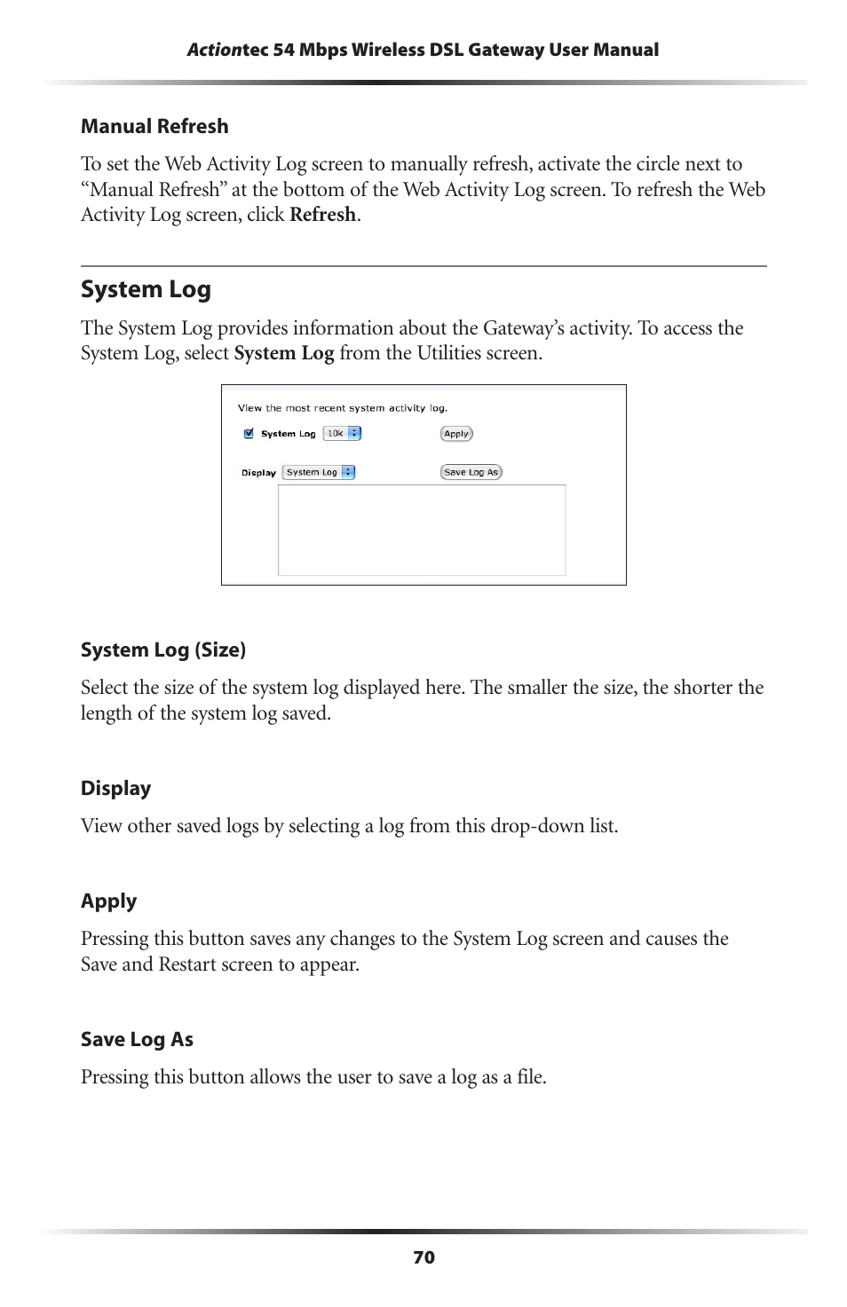 System log | Actiontec electronic Actiontec Wireless DSL Gateway GT704WG User Manual | Page 75 / 123