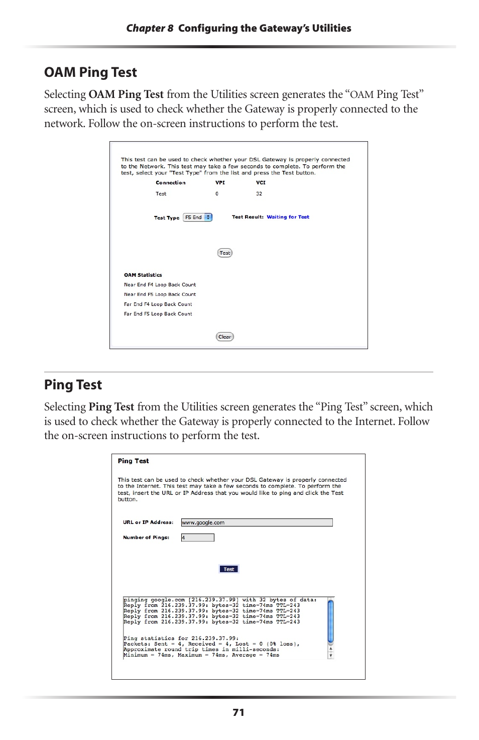 Oam ping test, Ping test, 71 ping test | Actiontec electronic Actiontec Wireless DSL Gateway GT704WG User Manual | Page 76 / 123