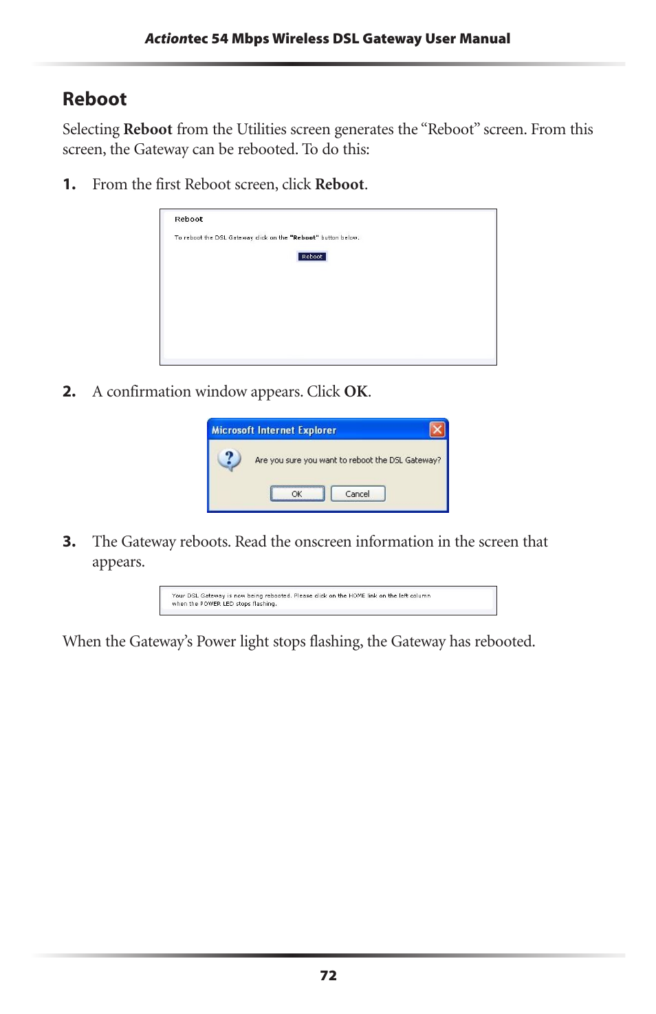 Reboot | Actiontec electronic Actiontec Wireless DSL Gateway GT704WG User Manual | Page 77 / 123