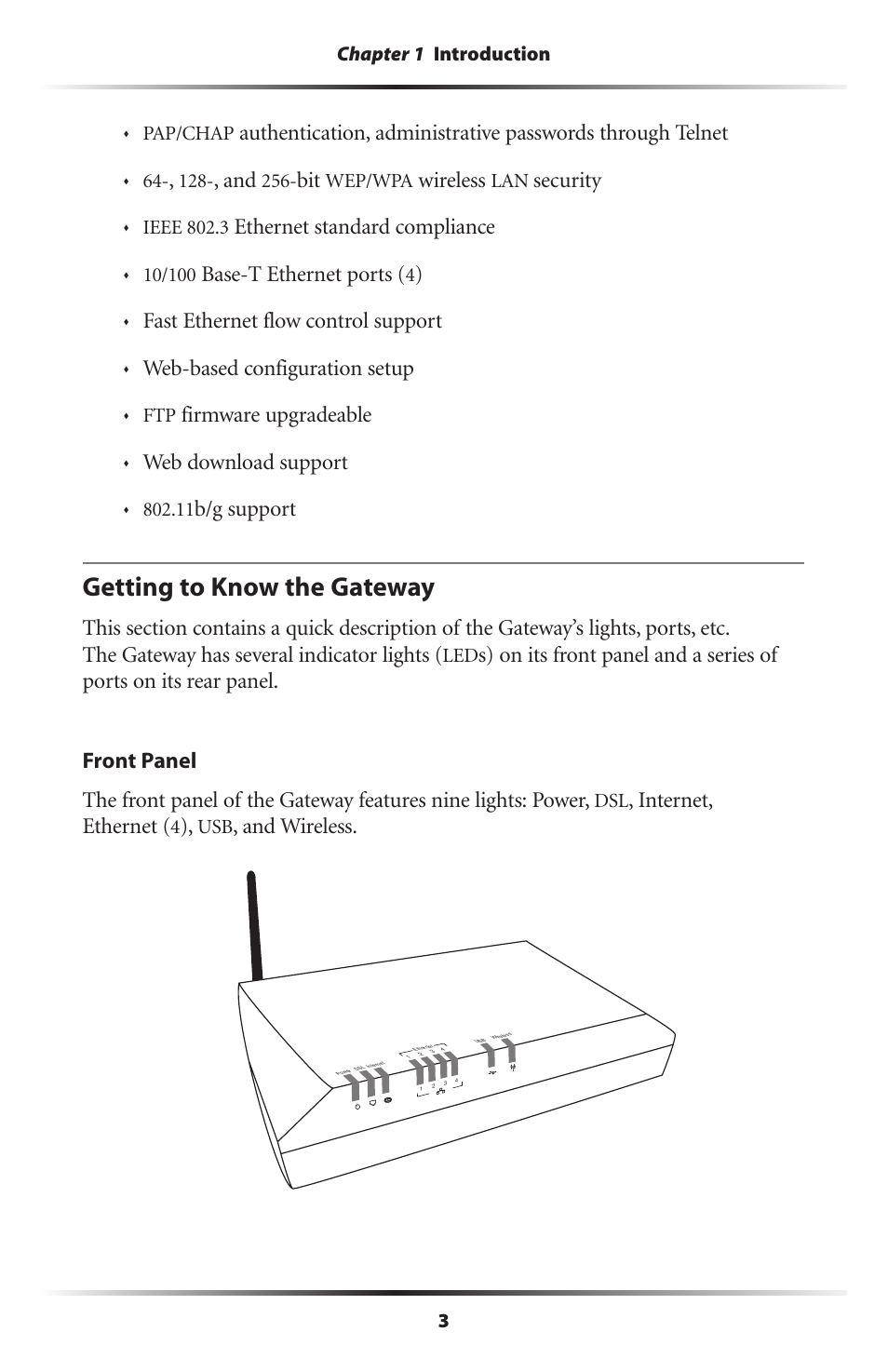 Getting to know the gateway, Getting to know the gateway 3, Wireless | Security, Ethernet standard compliance, Base-t ethernet ports, Fast ethernet flow control support, Web-based configuration setup, Firmware upgradeable, Web download support | Actiontec electronic Actiontec Wireless DSL Gateway GT704WG User Manual | Page 8 / 123