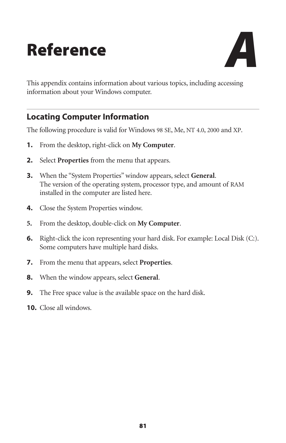 Reference, Locating computer information | Actiontec electronic Actiontec Wireless DSL Gateway GT704WG User Manual | Page 86 / 123