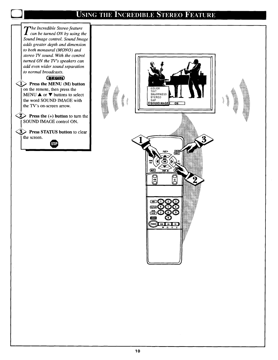 Using the incredible stereo feature, Sing, Ncredible | Tereo, Eature | Philips TS3654C User Manual | Page 10 / 36