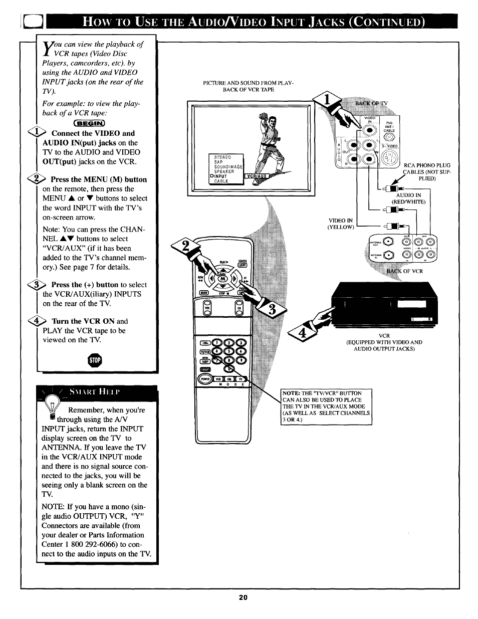 How to use the audioa^ideo input jacks (continued), Udio, Ideo | Nput, Acks, Ontinued | Philips TS3654C User Manual | Page 20 / 36