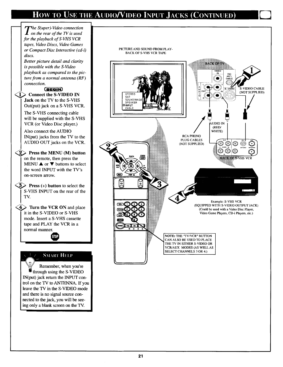 How to use the audio/video input jacks (continued), Udio, Ideo | Nput, Acks, Ontinued | Philips TS3654C User Manual | Page 21 / 36