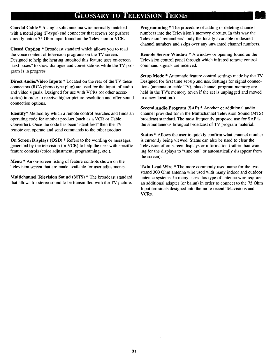 Glossary to television terms, Glossary of tv terms, Lossary | Elevision, Erms | Philips TS3654C User Manual | Page 31 / 36