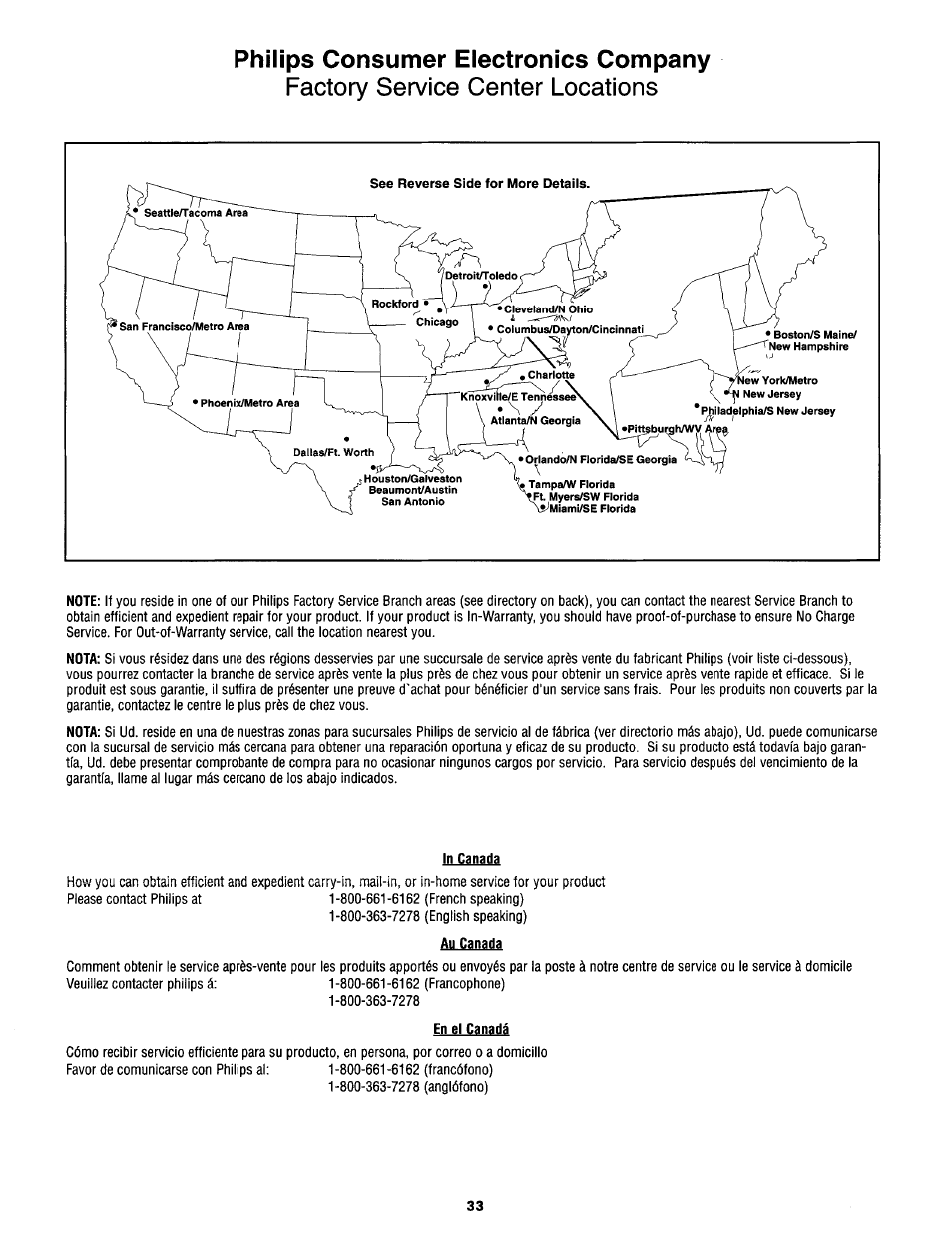 Philips consumer electronics company, Au canada, Factory service center locations | Philips TS3654C User Manual | Page 33 / 36