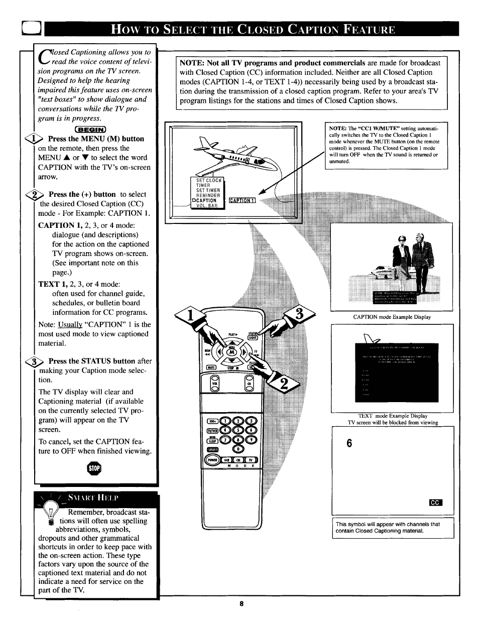 How to select the closed caption feature, Elect, Losed | Aption, Eature | Philips TS3654C User Manual | Page 8 / 36