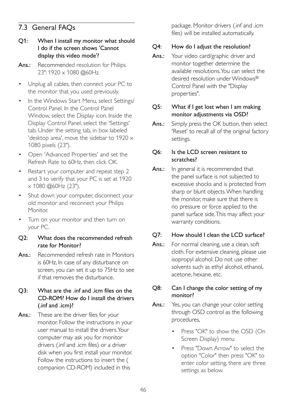 3 general faqs | Philips Brilliance LED monitor with 2ms 239CL2SB Blade 23" 58.4 cm Full HD User Manual | Page 48 / 50