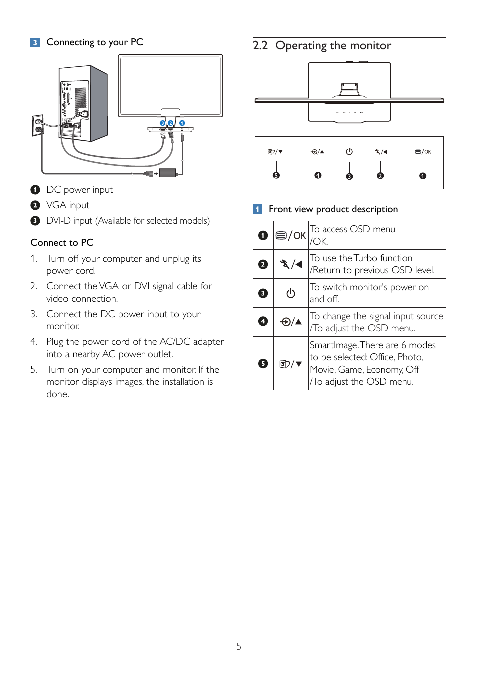 2 operating the monitor | Philips Brilliance LED monitor with 2ms 239CL2SB Blade 23" 58.4 cm Full HD User Manual | Page 7 / 50