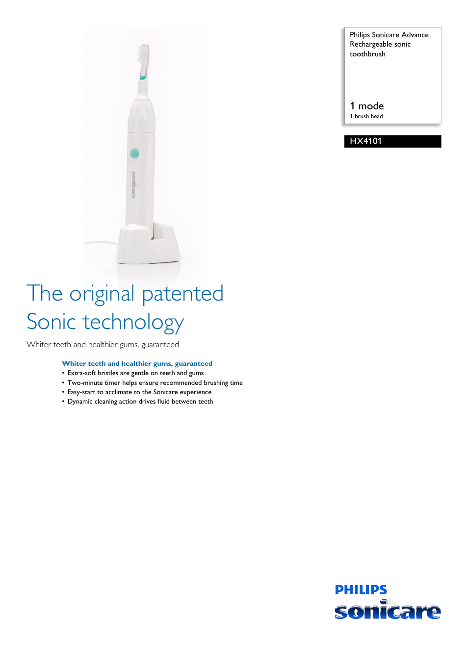 Philips Sonicare Advance Rechargeable sonic toothbrush HX4101 1 mode 1 brush head User Manual | 2 pages