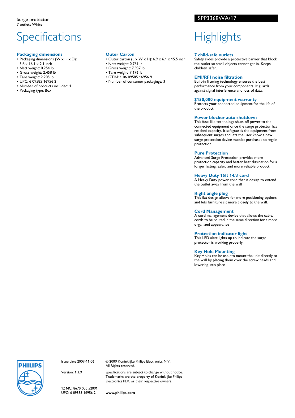 Specifications, Highlights | Philips SPP3368WA-17 User Manual | Page 2 / 2